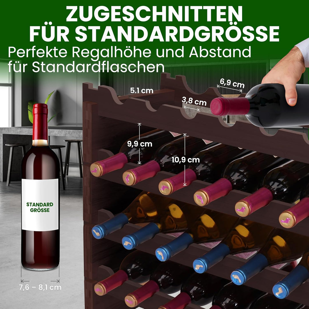 NutriChef Stapelbares Bambus-Weinregal, 8-stöckig, 72 Flaschen Kapazität, Freistehendes Regal, Werkz