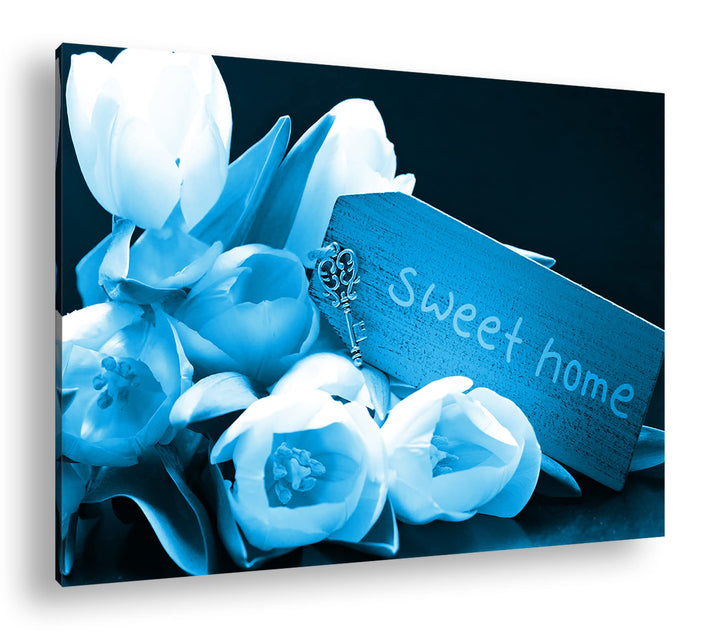 deyoli Tulpen Sweet Home Format: 80x60 Effekt: Monocrome Blau als Leinwand, Motiv fertig gerahmt auf