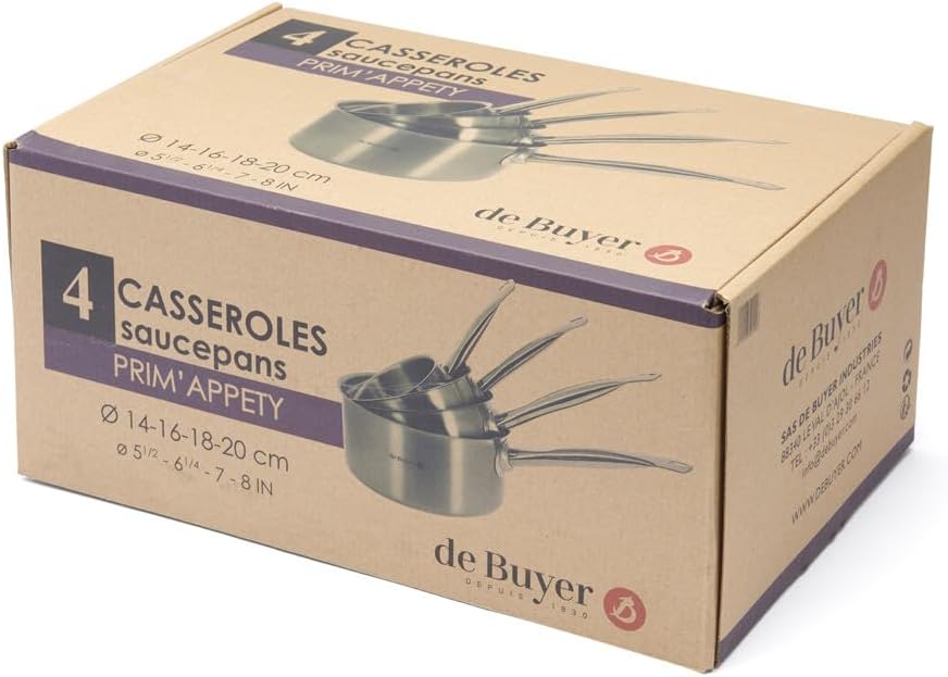 de Buyer - Set aus 4 Stielkasserollen PRIM'APPETY aus Edelstahl - 14/ 16/ 18/ 20 cm - 3501.04, Silbe