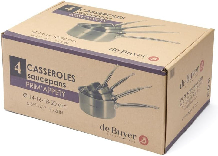 de Buyer - Set aus 4 Stielkasserollen PRIM'APPETY aus Edelstahl - 14/ 16/ 18/ 20 cm - 3501.04, Silbe