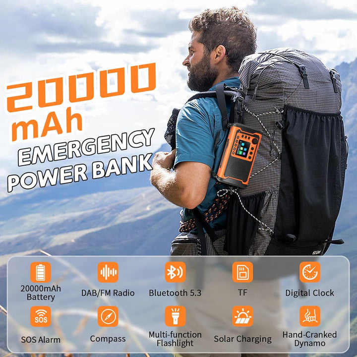 20000mAh DAB+/FM Notfallradio mit Powerbank – Tragbares Solar- & Kurbelradio mit Bluetooth 5.3, SOS,