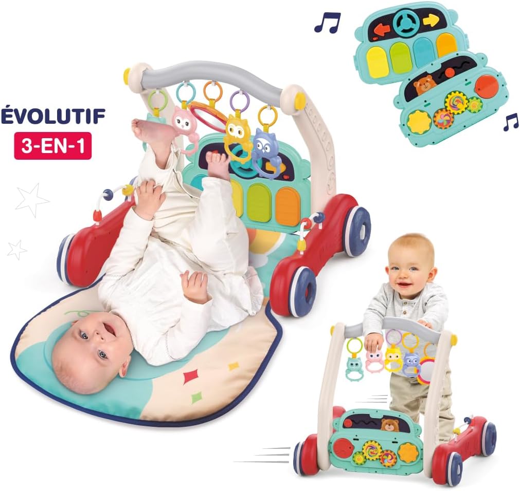 Ludi — 3-in-1-Spielmatte und Laufwagen — Spieltisch mit Musikklavier und Klangklappern — skalierbar