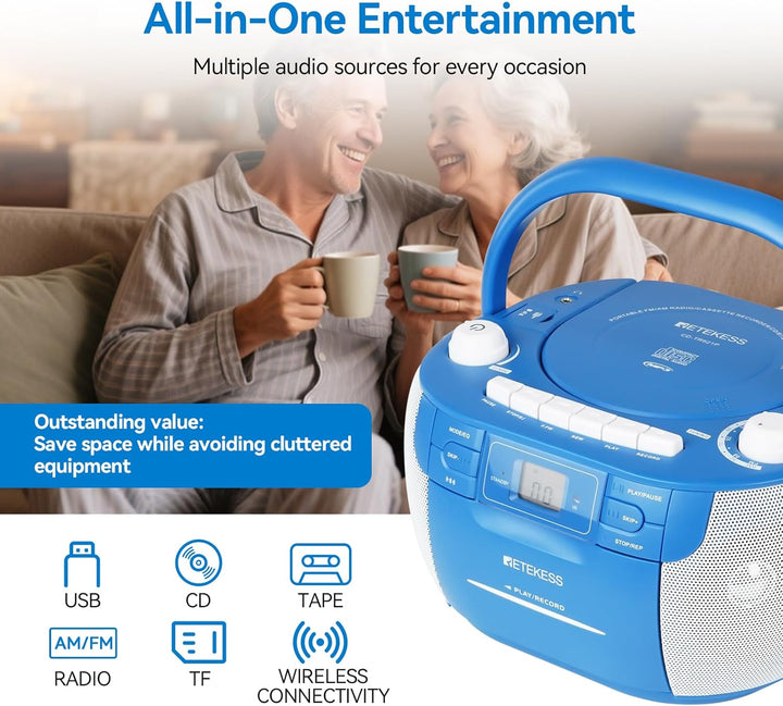 Retekess TR621P CD Player mit Kassette, Kassettenspieler, AM FM Radio, Drahtlose Verbindung, USB/TF/