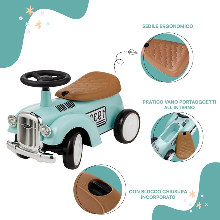 Vintage Rutschfahrzeug für Kinder von 12 bis 36 Monaten, Retro Rutschauto mit Hupe, Staufach, Lenkst