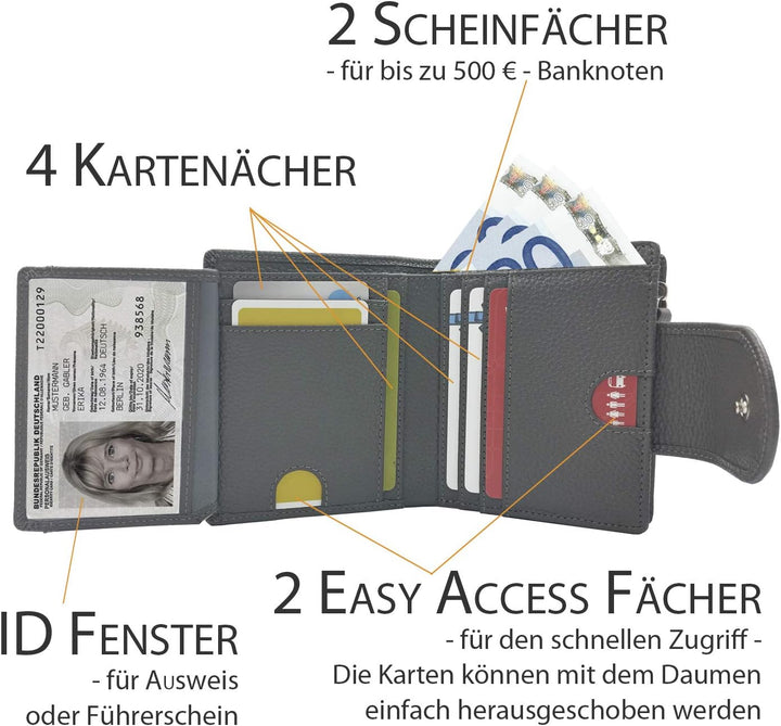 RFID Geldbörse Damen Leder, grau - RFID Blocker, Münzfach | Portemonnaie klein, Portmonee, Geldbeute