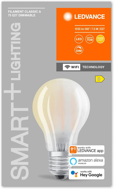 LEDVANCE Smarte LED-Lampe mit Wifi Technologie, Sockel E27, Dimmbar, Warmweiss (2700K), Birnenform,