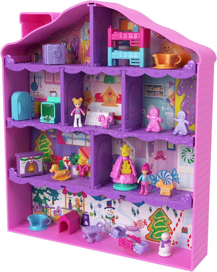 POLLY POCKET Adventskalender-Haus - 25 Überraschungen, 2 Puppen, 27 Zubehörteile, Lebkuchenhaus-Desi