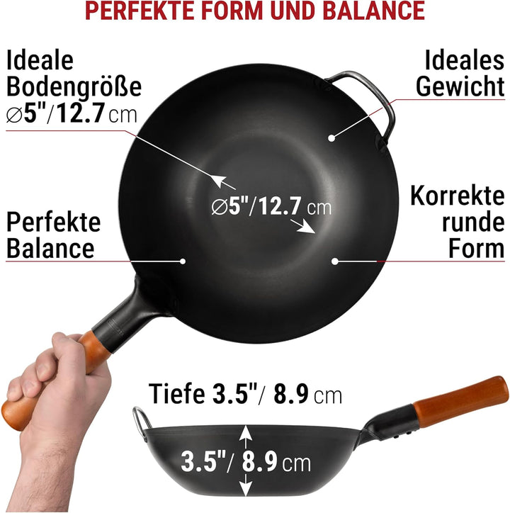 YOSUKATA Wokpfanne aus Karbonstahl – 30 cm Woks und Rührpfannen – Chinesischer Wok mit flachem Boden