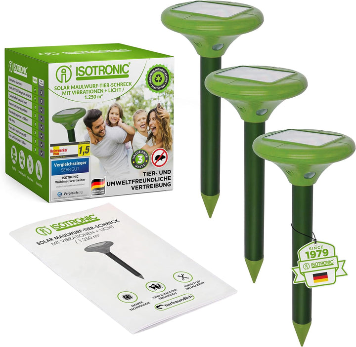 ISOTRONIC Solar LED Maulwurfabwehr Vibrasonic mit Vibrationsmotor 3er Set solarbetrieben Wühlmausfre