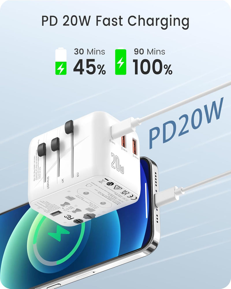 LENCENT Universeller Reiseadapter, Weltreise Reisestecker Internationaler Adapter mit 2 USB & Typ-C