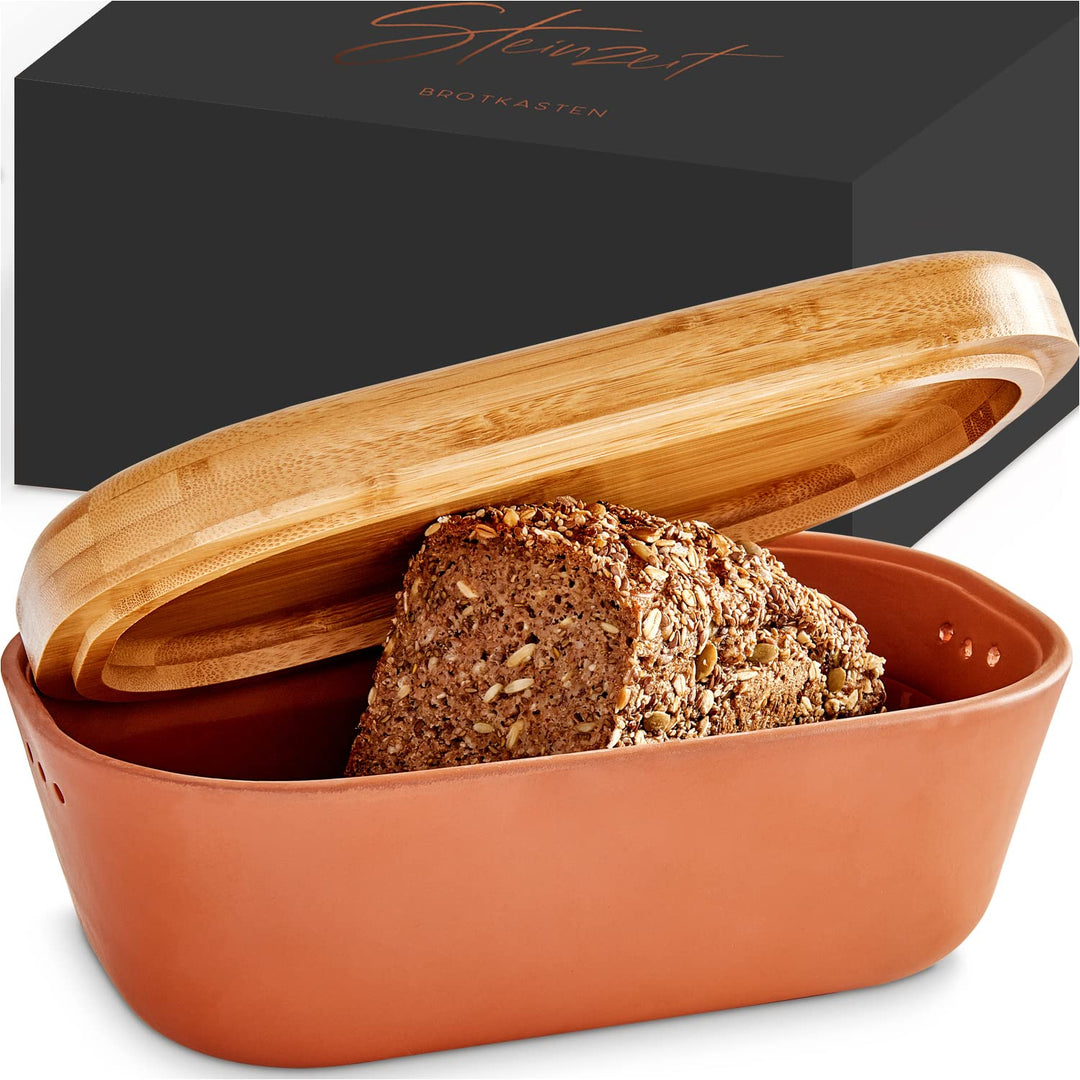 Steinzeit Design Brotkasten - Brotbox aus atmungsaktivem Ton – Brotkasten Keramik mit edlem Bambusde
