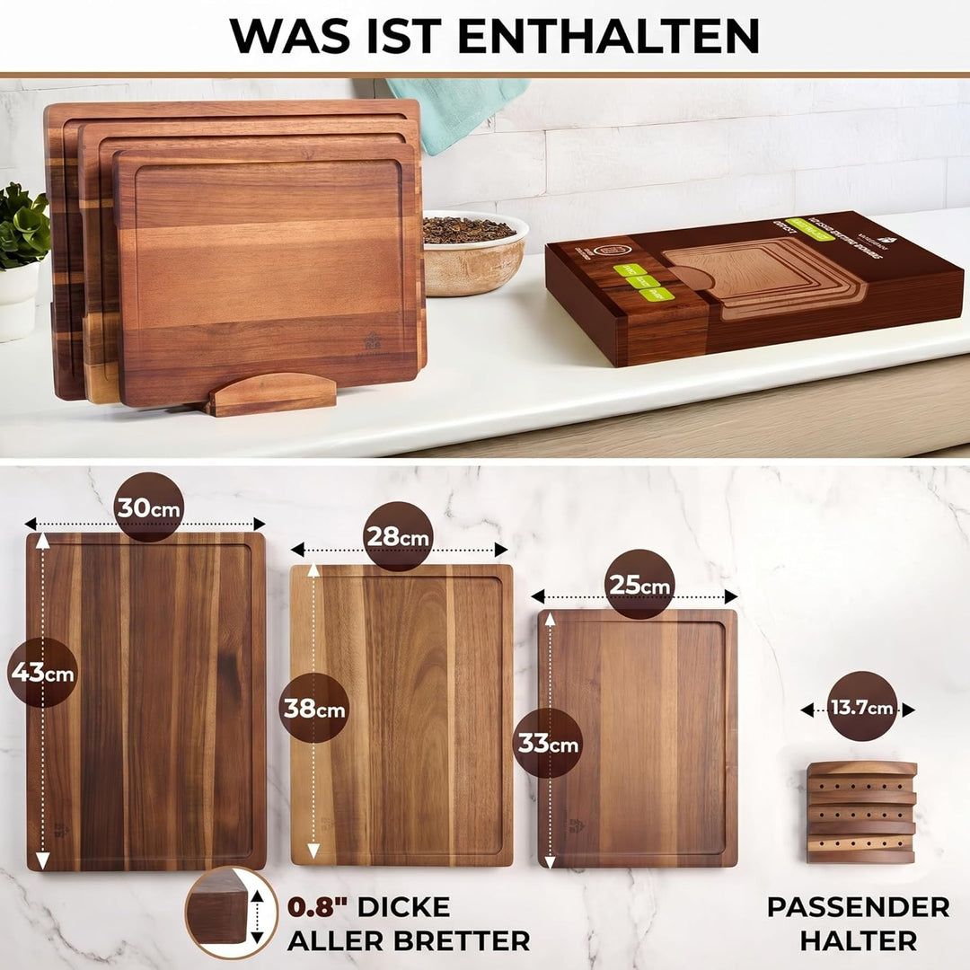 Akazienholz Schneidebrett Set Mit Ständer, 3er Set - Premium Akazienholz, Langlebig Holzbrett Küche