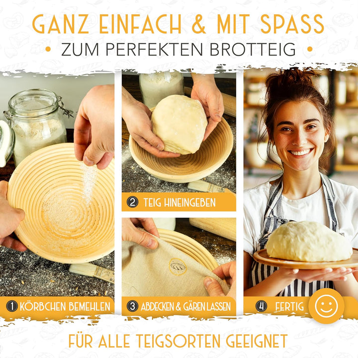 KRUSTENZAUBER Gärkorb zum Brotbacken rund 22cm - Rundes Gärkörbchen aus Rattan mit Gärtuch - Brot Ba