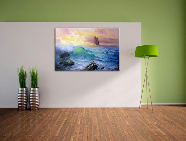 Sturm überm Meer Kunst Format: 100x70 auf Leinwand, XXL riesige Bilder fertig gerahmt mit Keilrahmen
