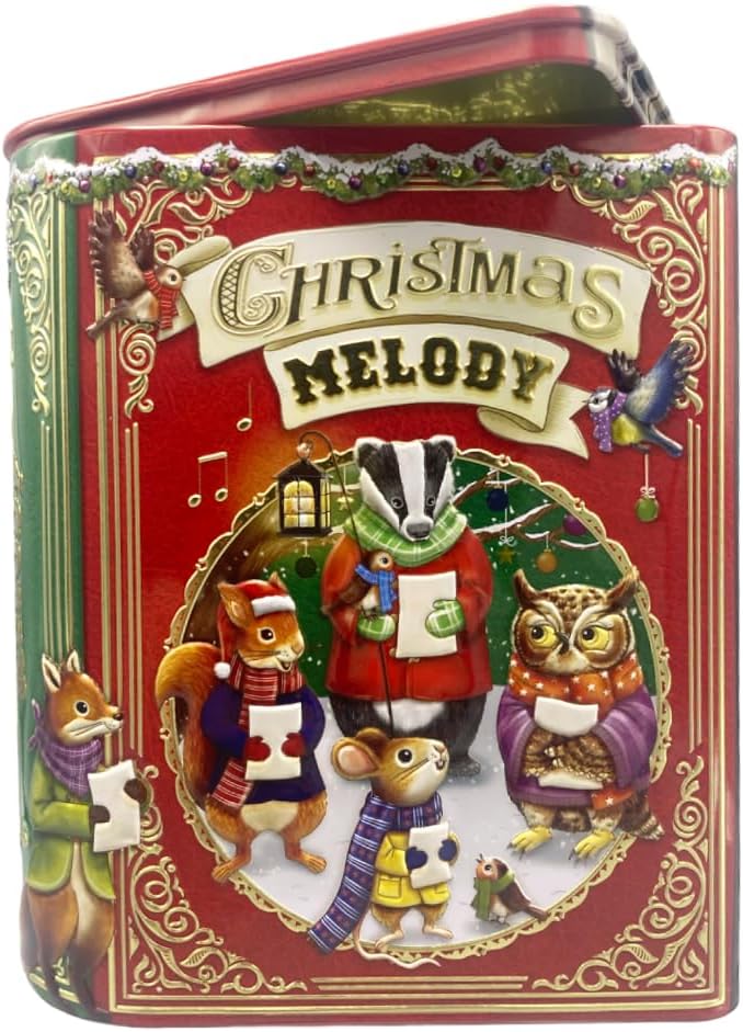 MediMuc Kleine Buchdose Xmas Song rot Weihnachtsdose, Aufbewahrungsdose, Keksdose, Blechdose aufwänd