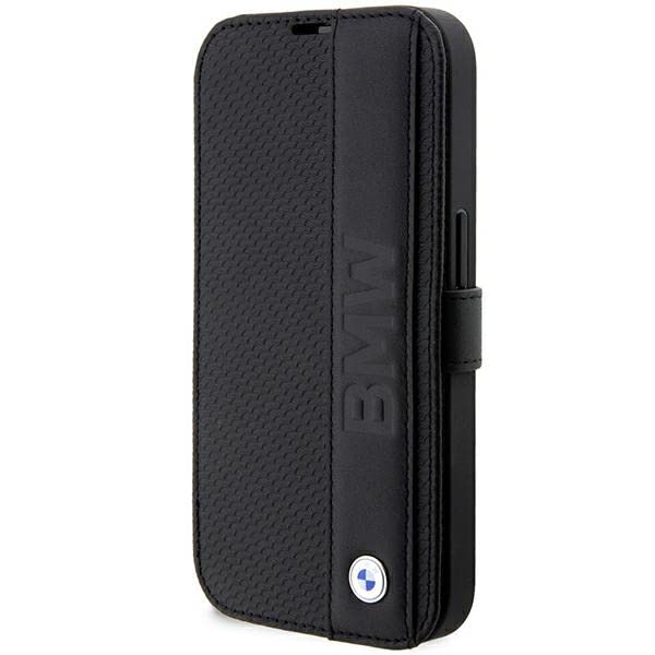BMW BMBKP14X22RDPK Hülle für iPhone14 Pro Max 6,7" Schwarz Bookcase Leather Textured&Stripe
