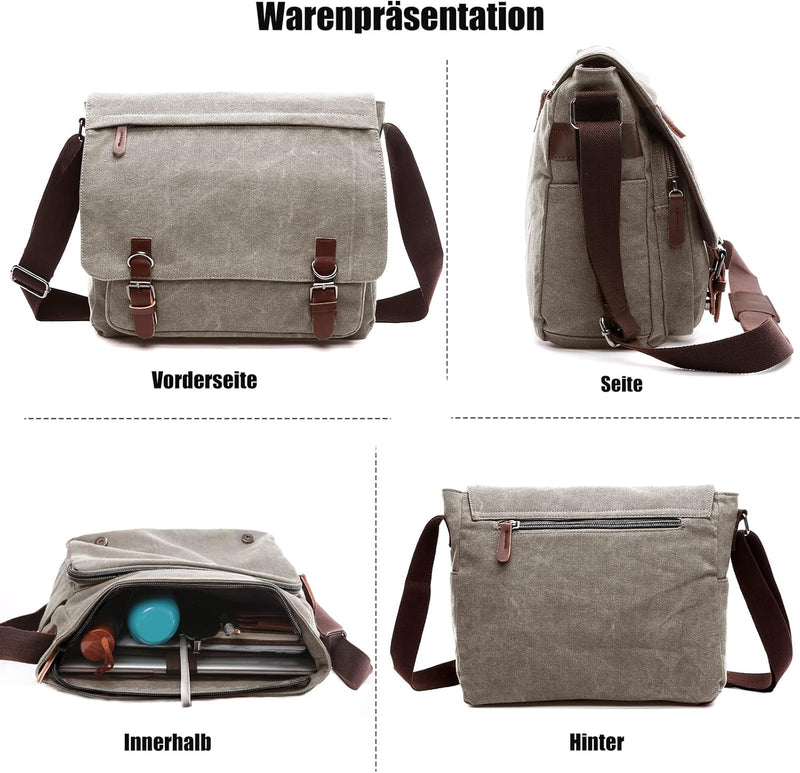 CALIYO Umhängetaschen Herren aus Canvas Schultasche Queformat A4 Laptoptasche für 15,6 Zoll Laptop A