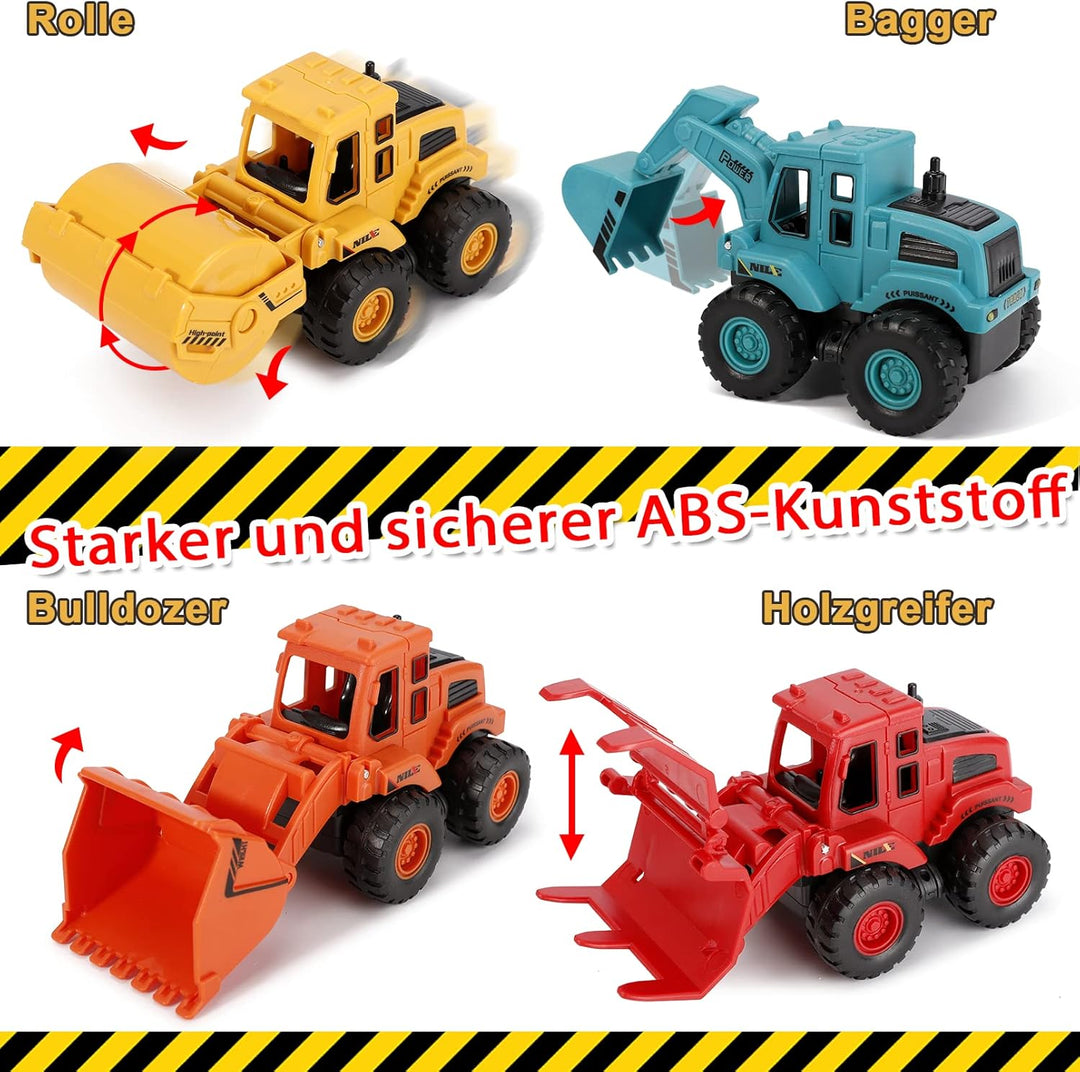 EOGRFW 4 Stück Baufahrzeuge Spielzeug,Bagger Spielzeug Auto Spielzeugautos Set,Baustellen Fahrzeuge