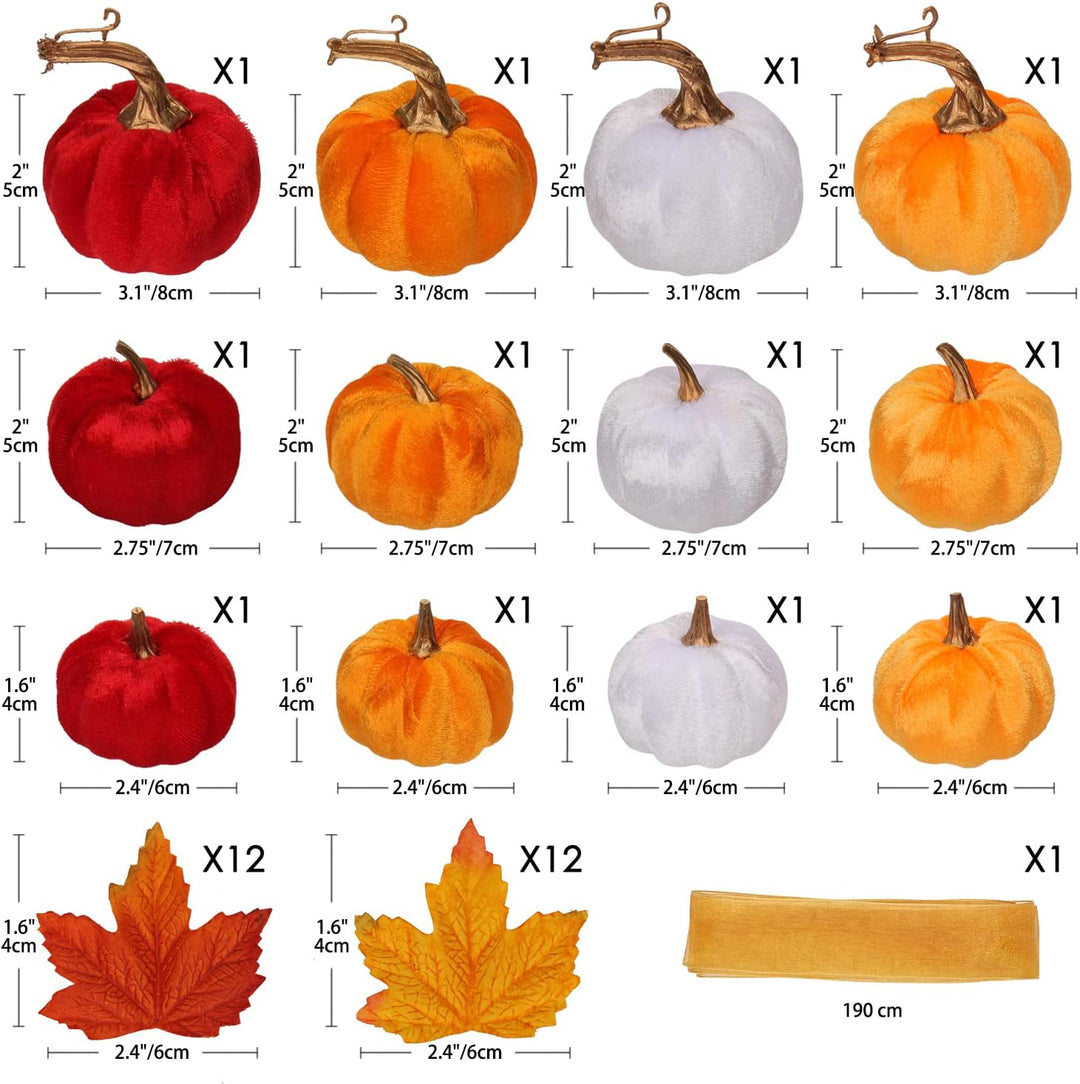 12PCS Herbst Deko, Halloween Kürbis set, Kürbisse , Samt Plastik mini mit 24 Pcs künstliche Ahornblä