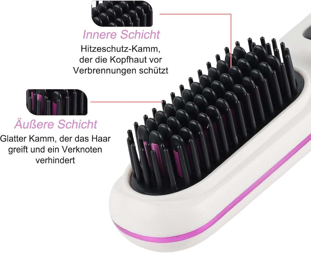 Glättbürste Kabellos - Glättbürste Kabellos mit 3 Wärmestufen, Tragbarer Stylingbürste für Kurze Haa