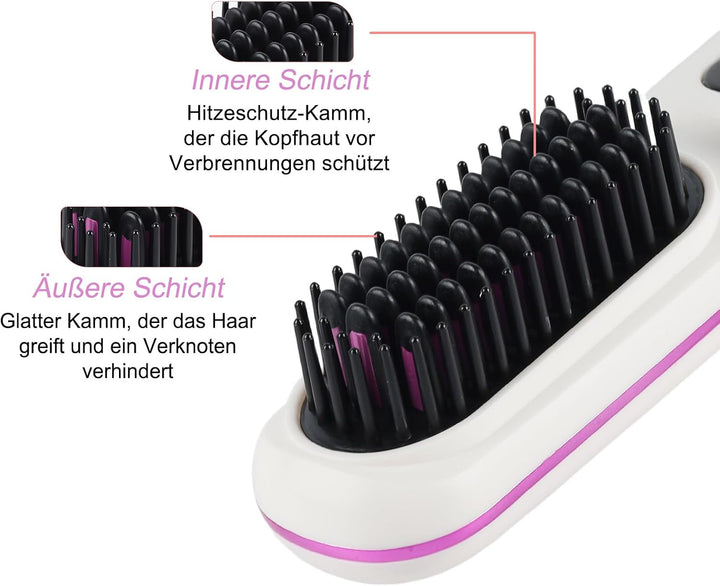 Glättbürste Kabellos - Glättbürste Kabellos mit 3 Wärmestufen, Tragbarer Stylingbürste für Kurze Haa