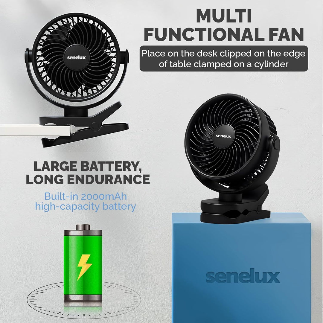 Senelux 12,7 cm Clip-On-Ventilator, wiederaufladbarer tragbarer Schreibtischventilator mit 4 Geschwi