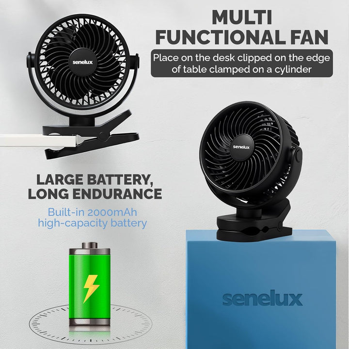 Senelux 12,7 cm Clip-On-Ventilator, wiederaufladbarer tragbarer Schreibtischventilator mit 4 Geschwi