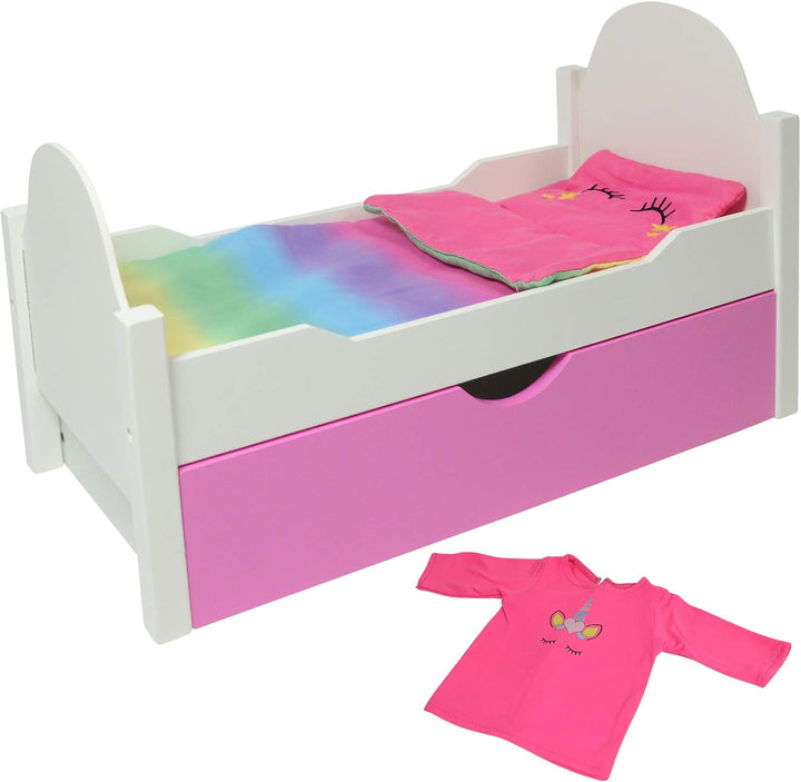 The New York Doll Collection Einhorn Holzpuppenbett passend für 18 Zoll /46 cm Puppen (Rollbett) Pup