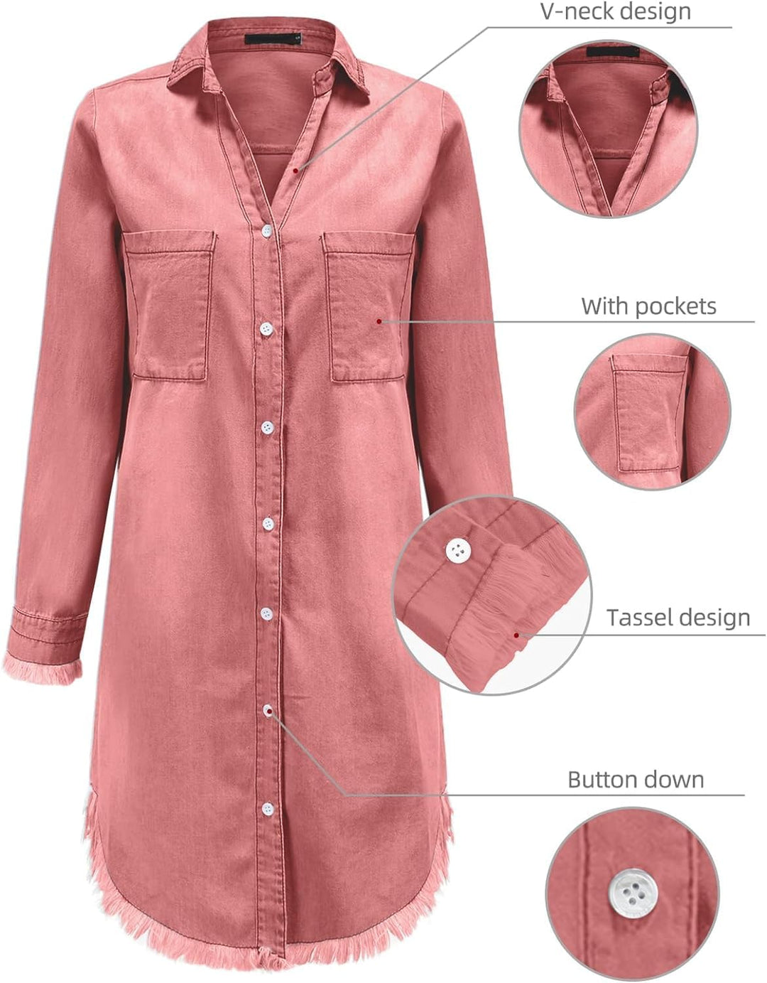Zilcremo Damen V-Ausschnitt Blusenkleid Hemdkleid Jeanskleider Langarm Knopf Runter Shirtkleid Tunik