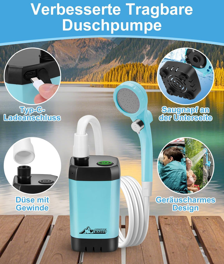 WADEO Tragbare Campingdusche Akku mit Pumpe, Camping Dusche mit wiederaufladbarem Akku [6000-8000mAh