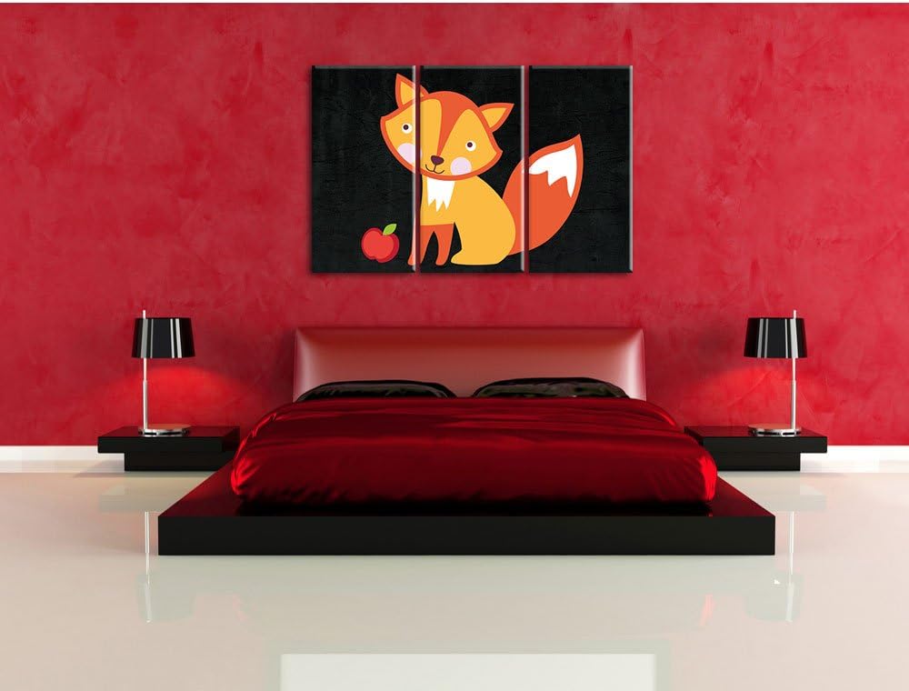 Pixxprint Niedlicher Fuchs mit Apfels als Leinwandbild/Grösse: 3 Teilig (120x80) cm/Wandbild/Kunstdr