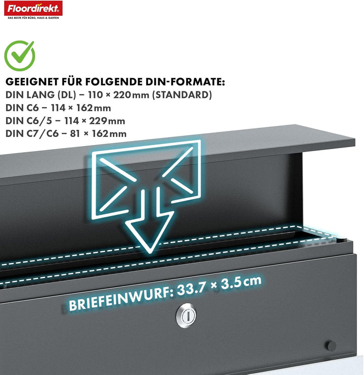 Floordirekt Moderner Briefkasten, mit Zeitungshalter, Deckel, abschliessbar mit Zeitungsfach & Edels