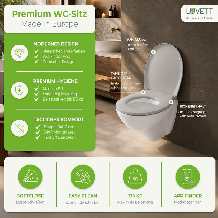 LUVETT® WC-Sitz mit Absenkautomatik C100 oval universell, Toilettendeckel mit 3 Edelstahl Montagelös