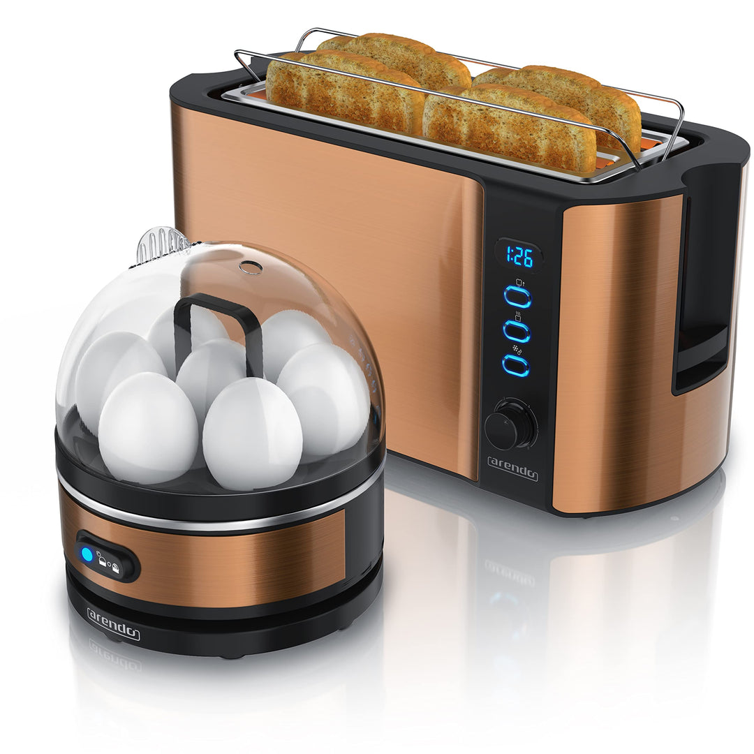 Arendo - SET Toaster FRUKOST mit Eierkocher SEVENCOOK Edelstahl Kupfer, Toaster 4 Scheiben, LED-Disp