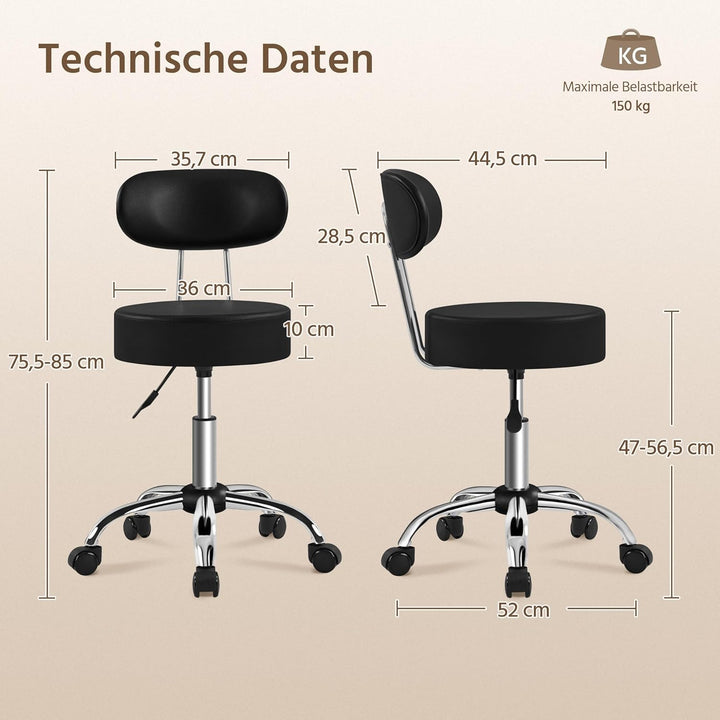 Yaheetech Rollhocker Arbeitshocker mit Rückenlehne Höhenverstellbarer 75.5-85cm,Drehhocker mit Rolle
