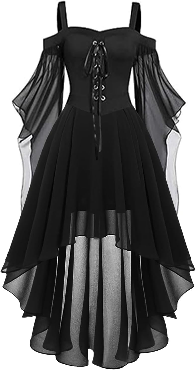 Halloween Kostüm Damen Gothic Kleid Mittelalter Gebundene Taille Hexenkostüm Vampir Renaissance Trom