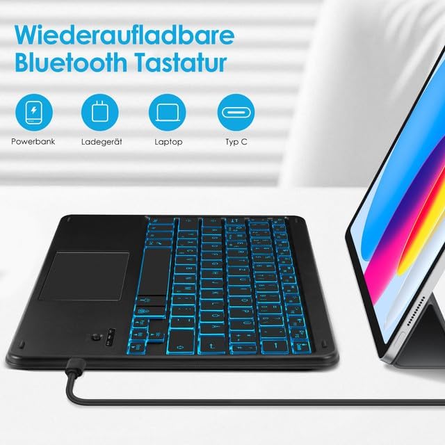 SOPPY Tastatur mit Touchpad kabellose Bluetooth Tastaturen mit 7-Farbiger Hintergrundbeleuchtung, Ul