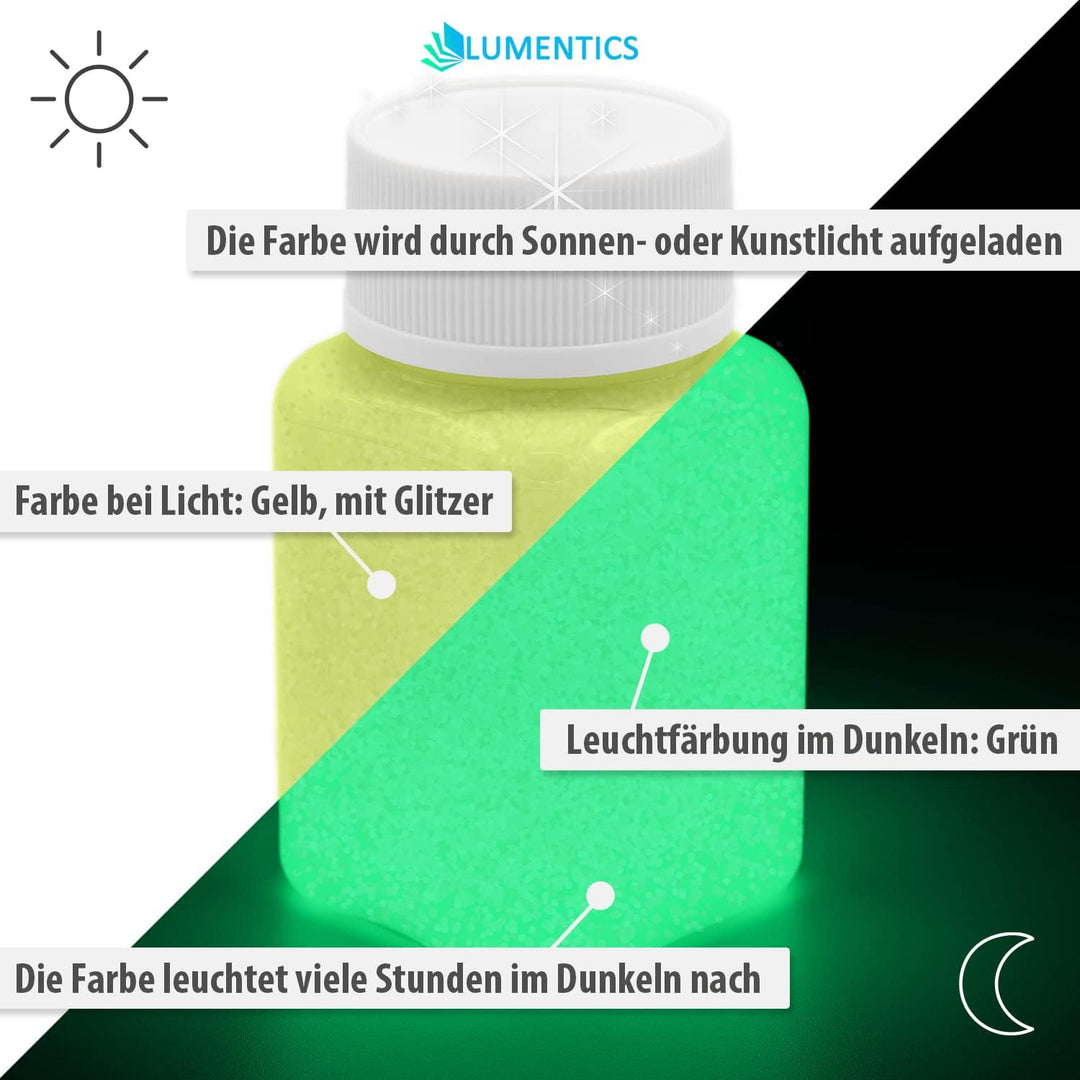 LUMENTICS Glitzer Leuchtfarbe Gelb-Grün 100g - Im Dunkeln leuchtende Farbe - Nachleuchtfarbe mit Gli