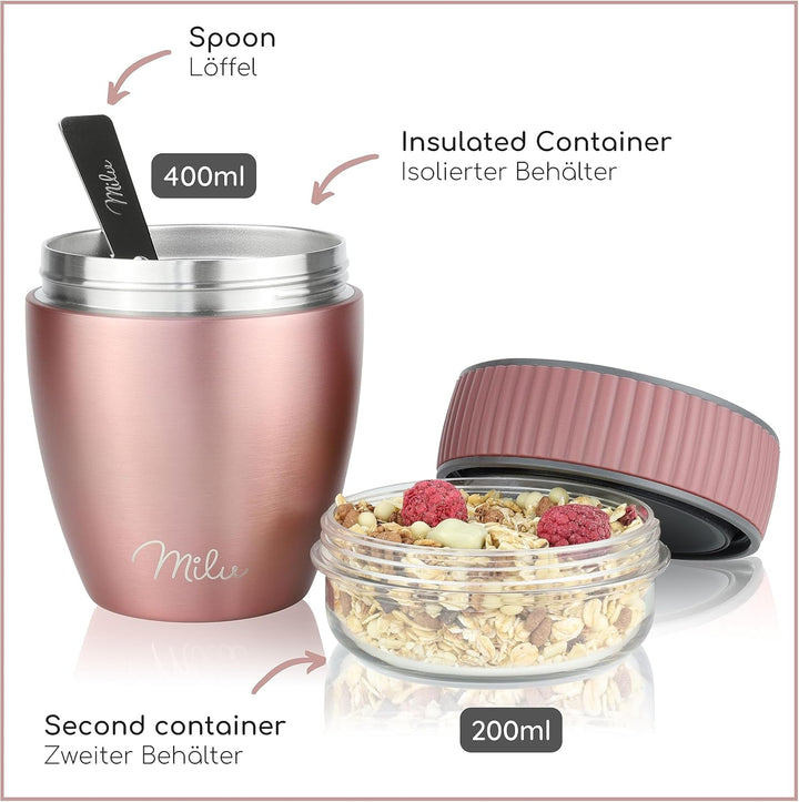 Milu Müslibecher to go 400ml MüsliMax I isolierter Edelstahl Joghurtbecher für Müsli I auslaufsicher