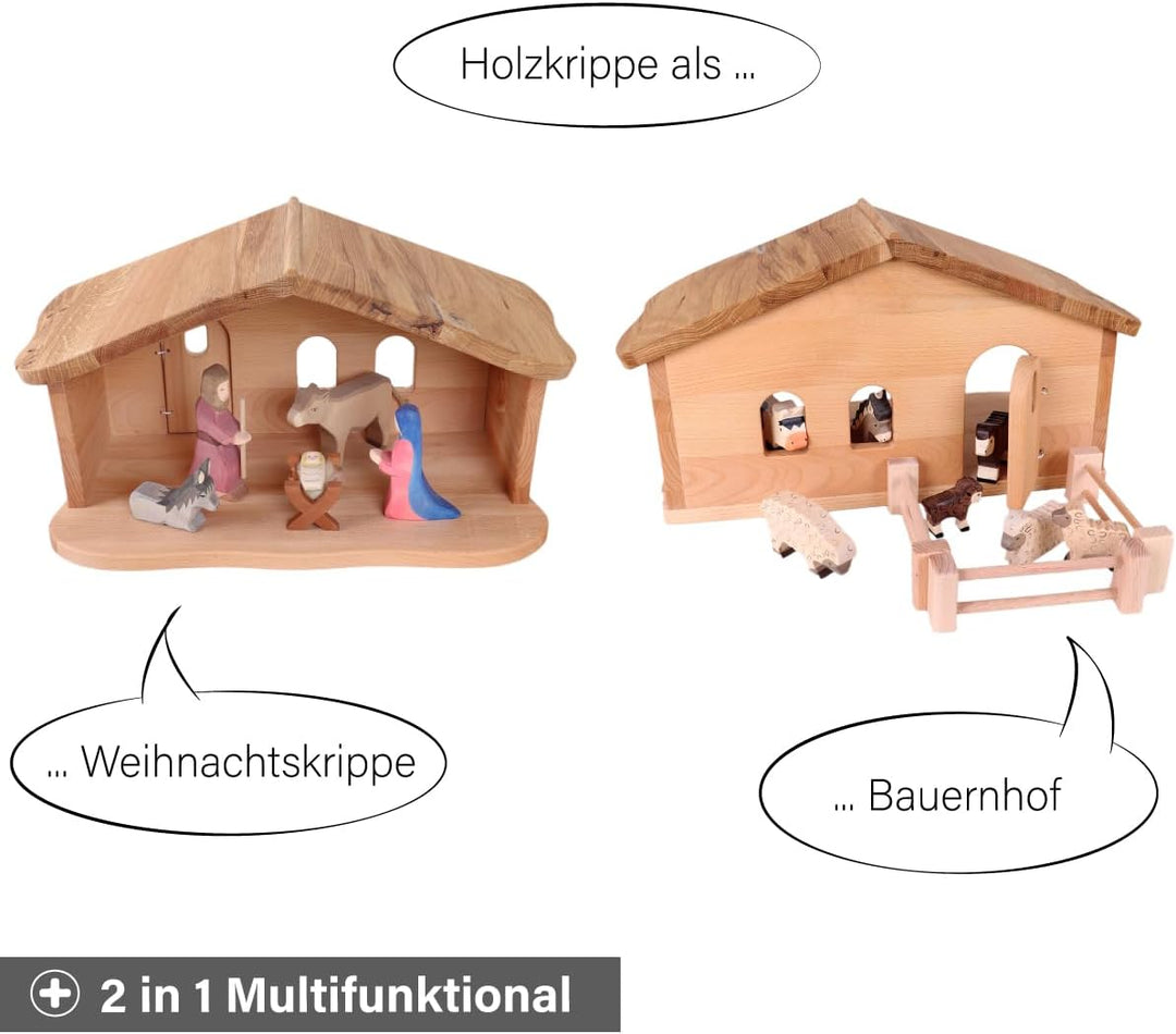 Weihnachtskrippe aus Holz | Krippenstall mit Stall und Hauptraum | Vielseitig als Bauernhof nutzbar