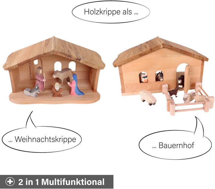 Weihnachtskrippe aus Holz | Krippenstall mit Stall und Hauptraum | Vielseitig als Bauernhof nutzbar