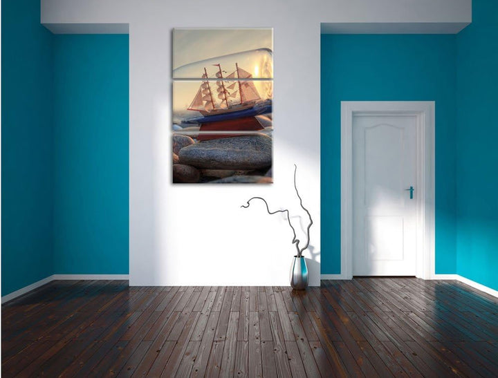 Pixxprint Flasche mit Schiff als Leinwandbild | Grösse: 3 Teilig (120x80) | Wandbild| Kunstdruck | f