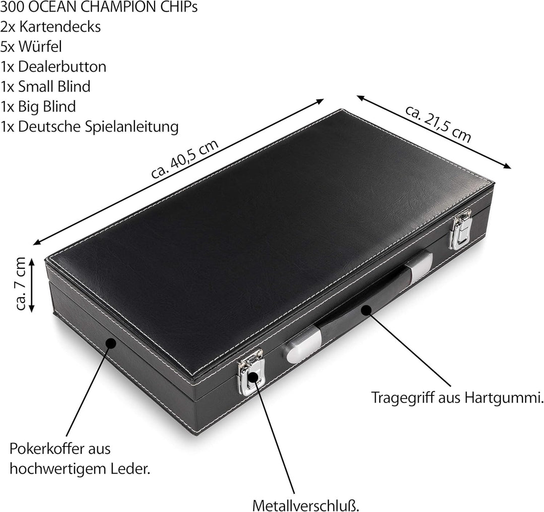 Nexos Trading Pokerkoffer Leder Deluxe mit 300 Ocean Champion Chips abgerundete hochwertige Metallke