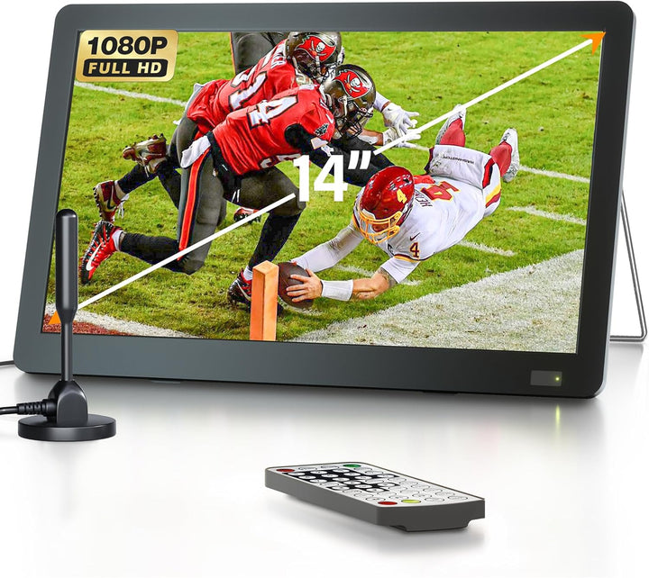 DESOBRY 14.1 Zoll Tragbarer Fernseher mit DVB-T2 HD Antenne & 3000mAh Akku, Full HD HDMI/USB/AV Ans