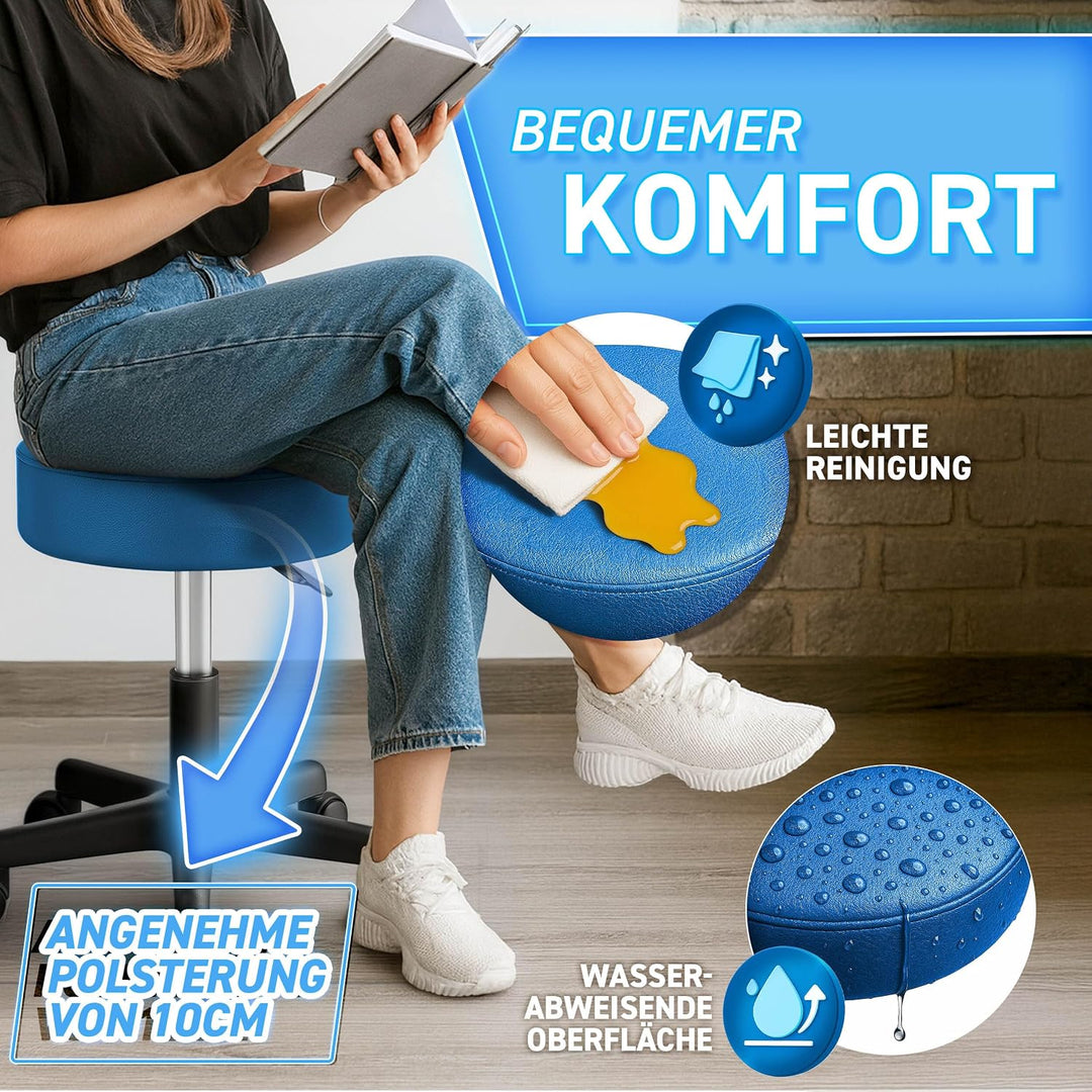 TRESKO® Rollhocker mit Lehne höhenverstellbar 10cm Dicke Polsterung Drehbar | Hocker 46-58cm | Arbei