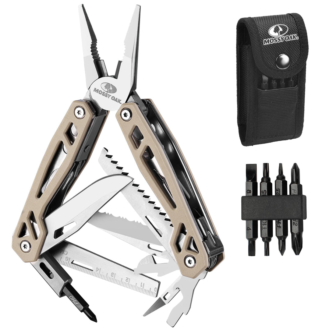 Mossy Oak 22-in-1 Multifunktionszange, Edelstahl Multitool Werkzeug, Faltbares Multi-Tool mit Bits,