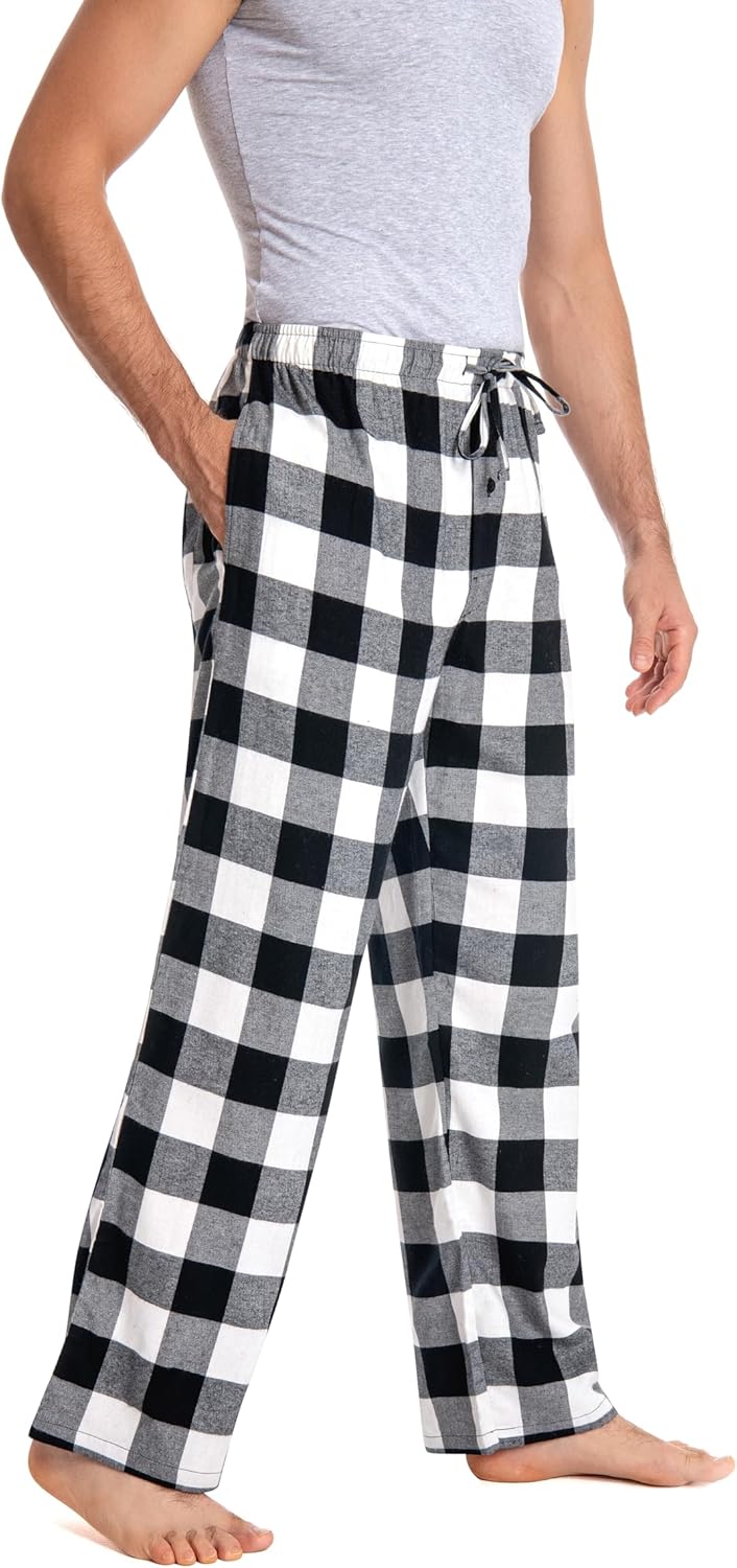Herren 100% Baumwolle Flanell Bequeme Pyjama/Lounge Bottoms mit Taschen XL Black White Check, XL Bla