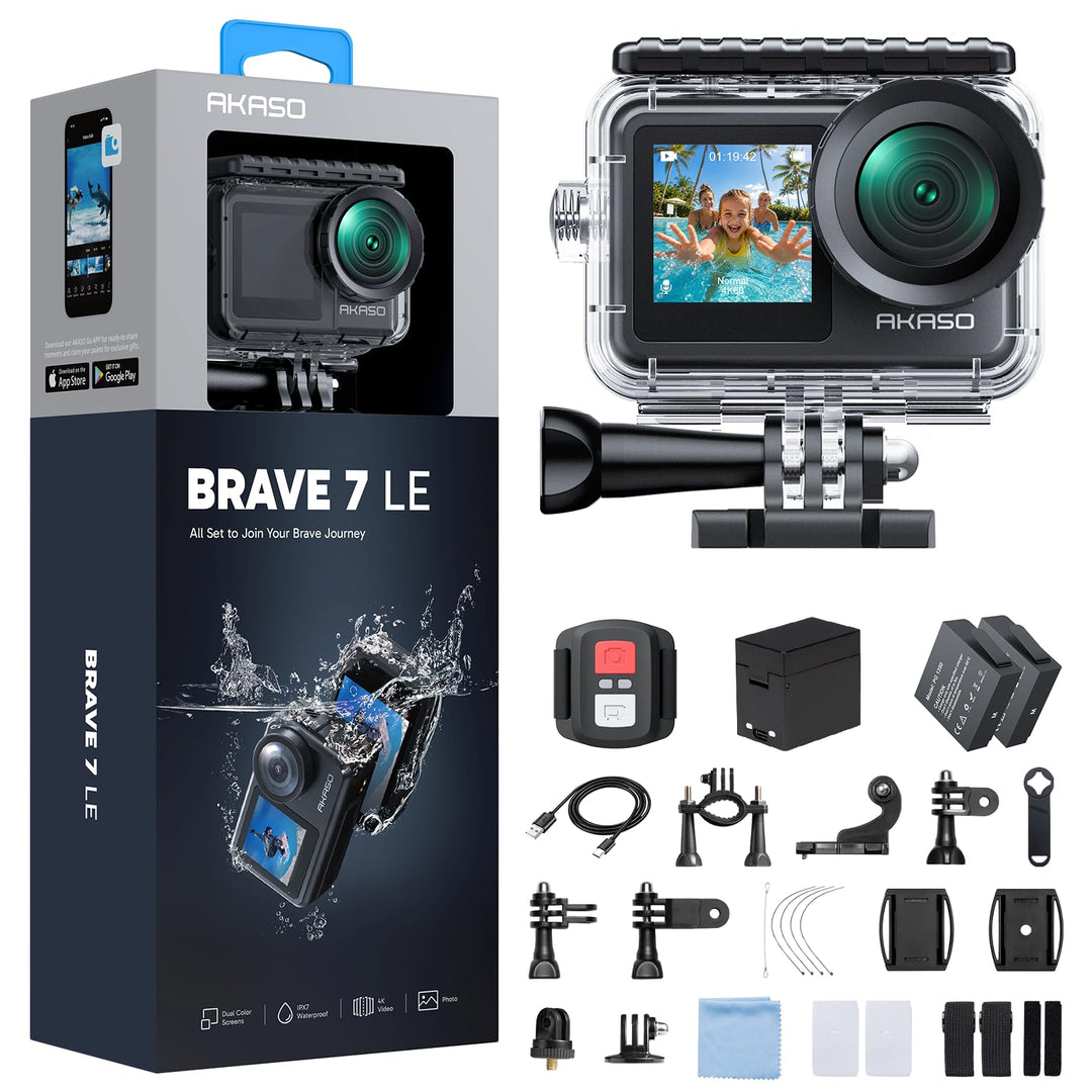 AKASO Brave 7 LE Action Cam 4k30FPS 20MP mit 128GB U3 Speicherkarte Unterwasserkamera IPX7 wasserdic