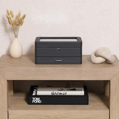 ROTHWELL Luxus Uhrenbox für 8 Uhren - PU Leder Uhrenbox mit Echtglasdeckel - Ausziehbare Zubehörschu