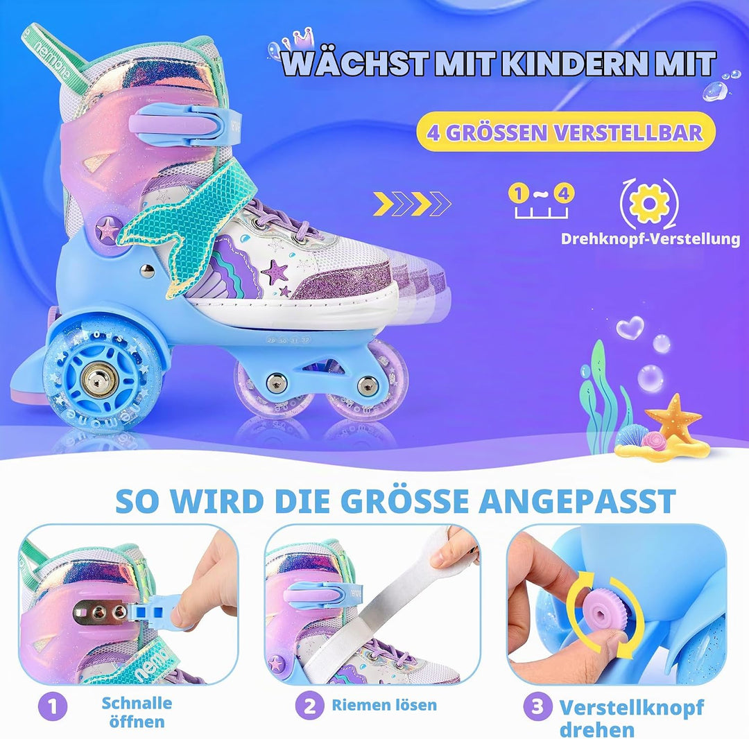 NEMONE Rollschuhe für Mädchen Kinder 4 Grössen Verstellbar Blau Violett Rollschuhe für Kinder Drinne